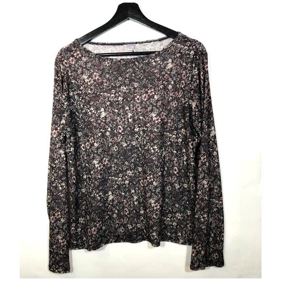Y2K Mesh Top Black Floral Red and Tan Long Sleeve Semi Sheer Round Neck Retro - Picture 6 of 7